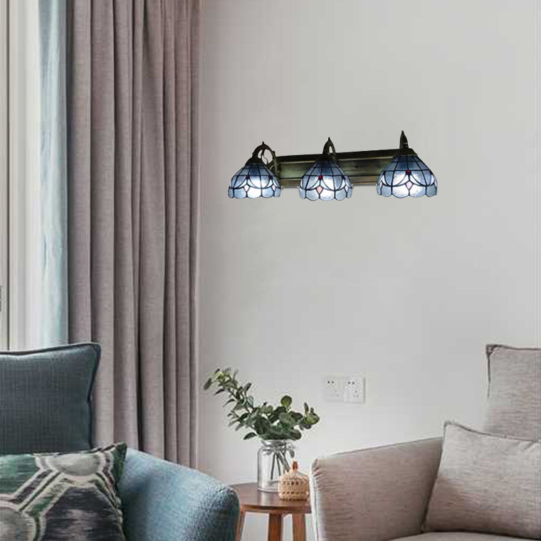 Dome Wall Mount Light with Curved/Arc Arm 3 Lights Stained Glass Vintage Vanity Light for Bathroom