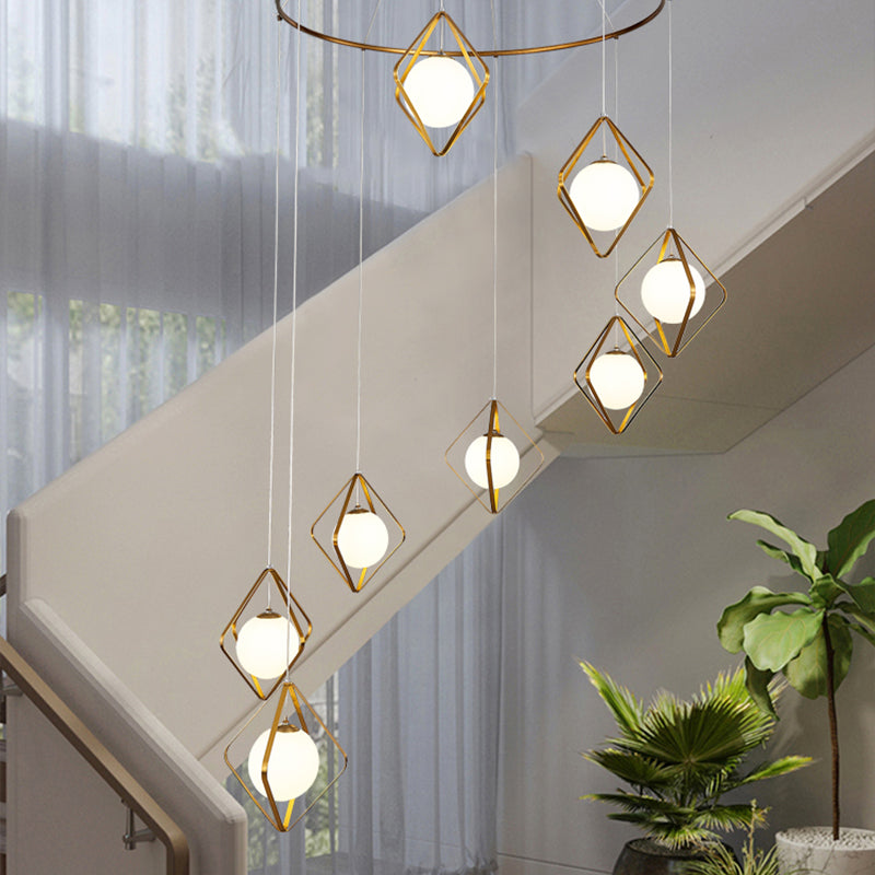 Eenvoudige multi -light hanger Global Metallic Pendulum Lamp met opaalglasschaduw voor woonkamer
