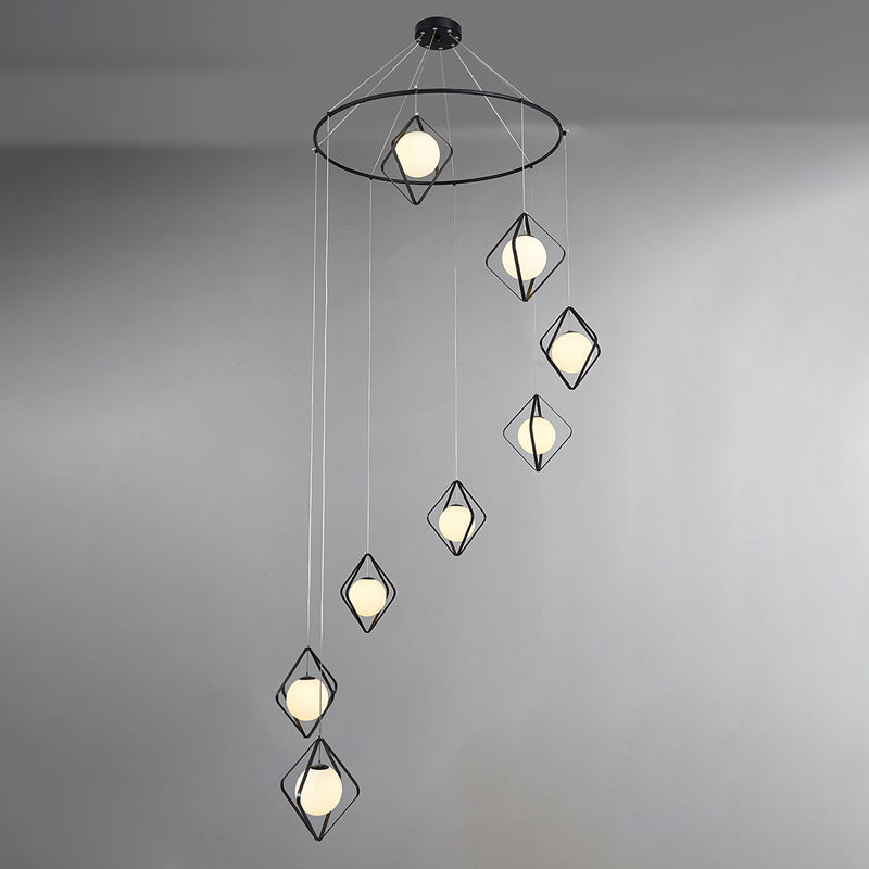 Eenvoudige multi -light hanger Global Metallic Pendulum Lamp met opaalglasschaduw voor woonkamer