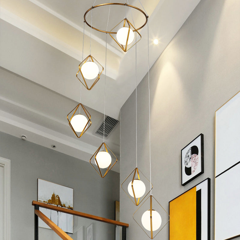 Eenvoudige multi -light hanger Global Metallic Pendulum Lamp met opaalglasschaduw voor woonkamer