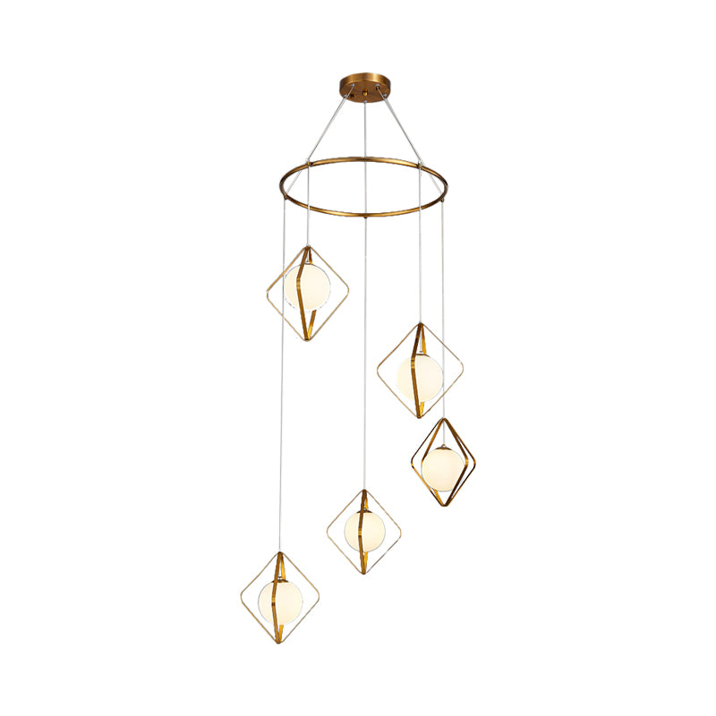 Eenvoudige multi -light hanger Global Metallic Pendulum Lamp met opaalglasschaduw voor woonkamer