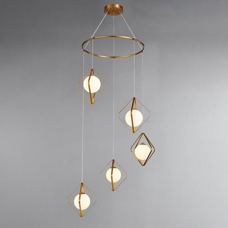 Eenvoudige multi -light hanger Global Metallic Pendulum Lamp met opaalglasschaduw voor woonkamer