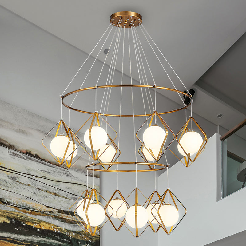 Eenvoudige multi -light hanger Global Metallic Pendulum Lamp met opaalglasschaduw voor woonkamer