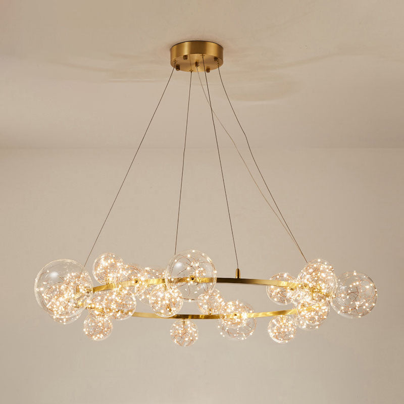 Orb Bedroom Hanging Chandelier Clear Glass Starry LED Modern Ceiling Suspension Lamp in Gold