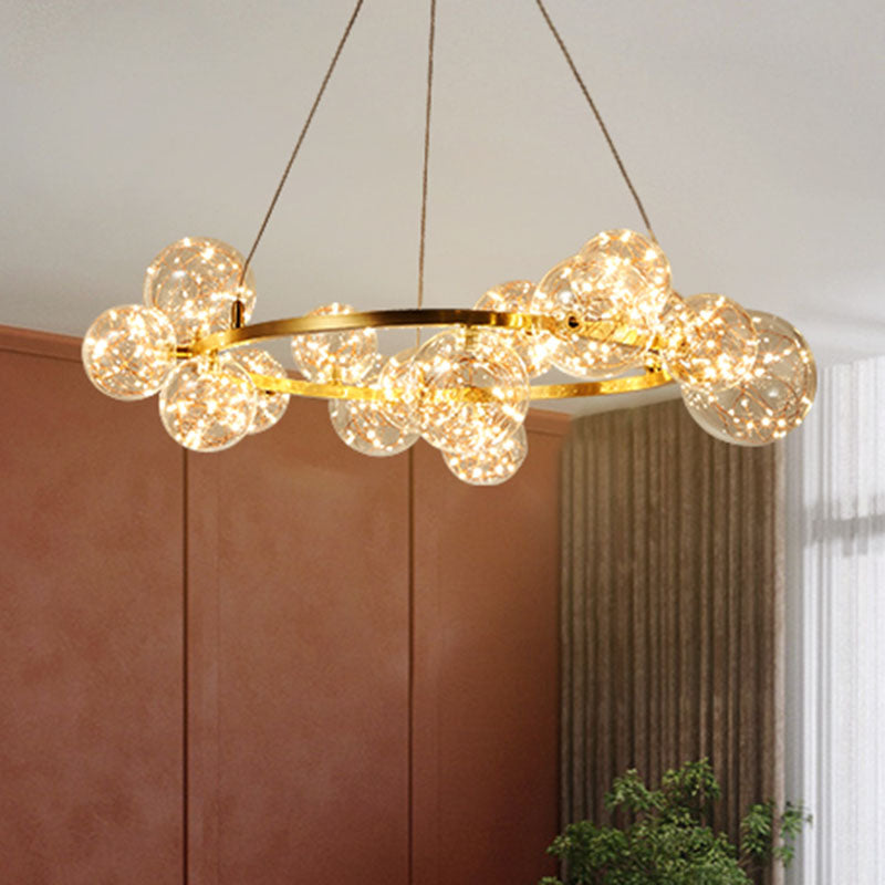 Wohnzimmer LED LED Kronleuchter Lampe Minimale Goldheizenbeleuchtung mit Orb Clear Glass Shade