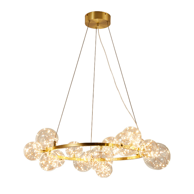 Wohnzimmer LED LED Kronleuchter Lampe Minimale Goldheizenbeleuchtung mit Orb Clear Glass Shade