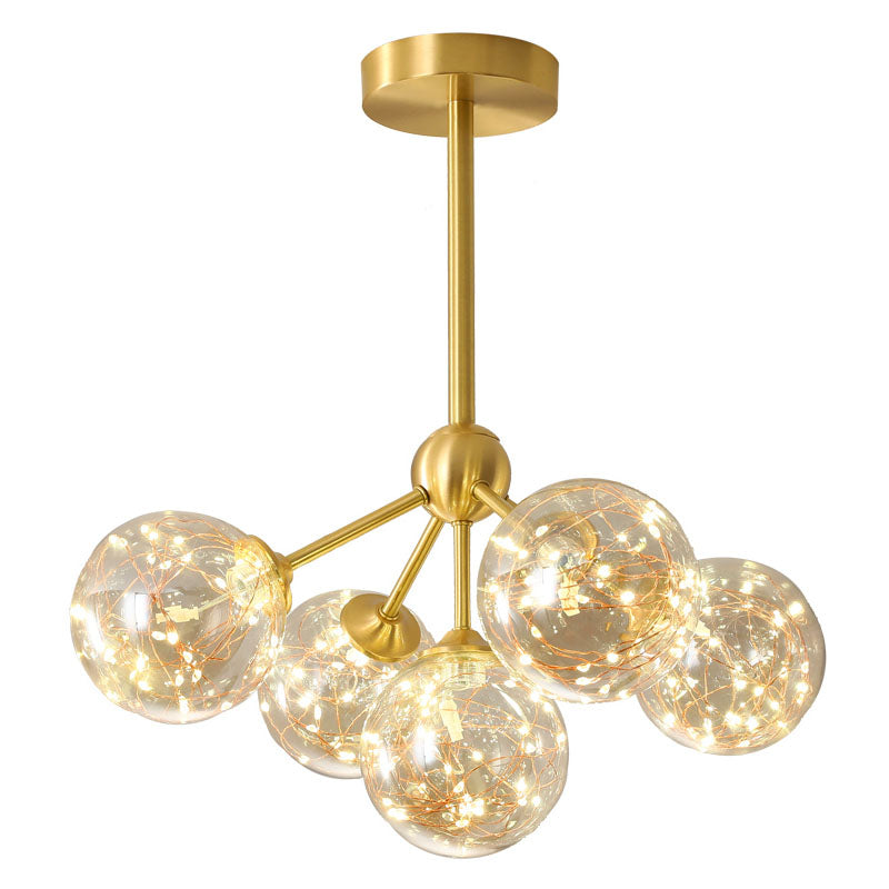 Simple LED Pendant Chandelier Brass Sphere Starry Hanging Lighting with Glass Shade
