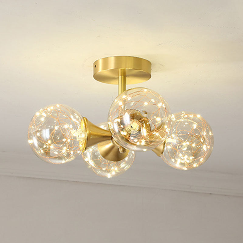 Simple LED Pendant Chandelier Brass Sphere Starry Hanging Lighting with Glass Shade