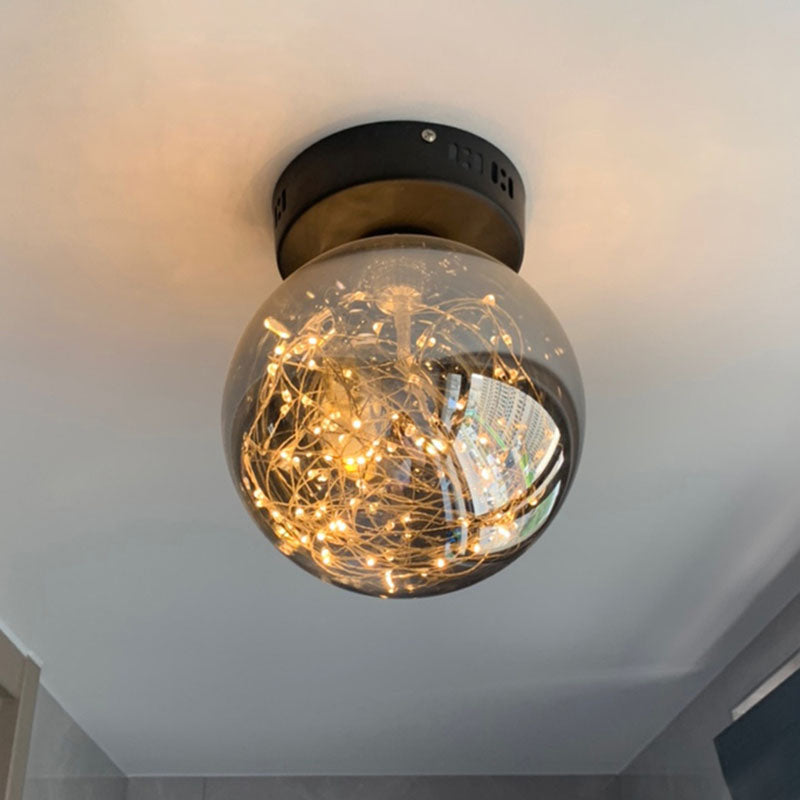 Orb Smoke Grey Glass Flush Ceiling Light Modernism LED Flush Mount with Inner Glowing String