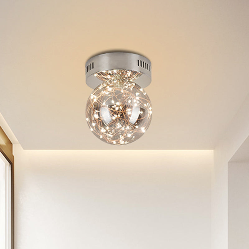 Orb Smoke Grey Glass Flush Ceiling Light Modernism LED Flush Mount with Inner Glowing String