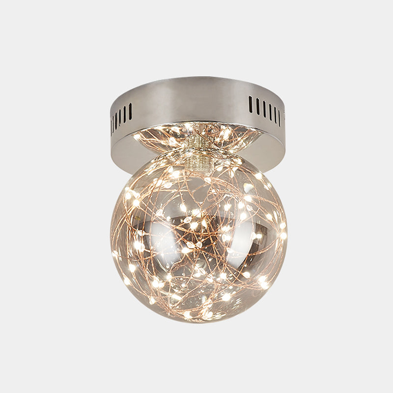 Orb Smoke Grey Glass Flush Ceiling Light Modernism LED Flush Mount with Inner Glowing String