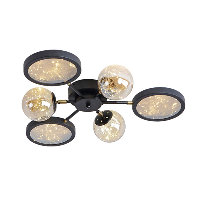 Sputnik Flush Mount Fixture Modernity Amber Glass Black Close to Ceiling Lamp with Glowing String Inside