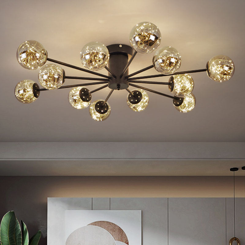 Radial Living Room Semi Flush Mount Smoke Grey Glass Contemporary Ceiling Light Fixture in Black