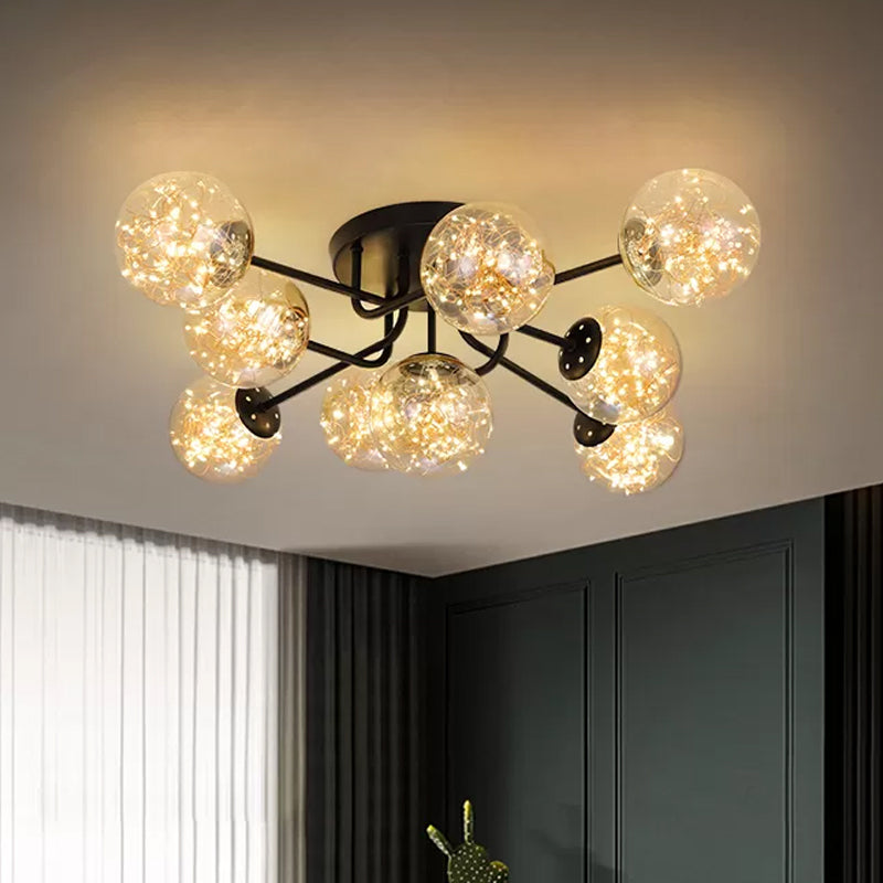 Sputnik Metall Deckenlampe Moderne sternenklinische LED Black Semi Flush mit globalem Glasschatten