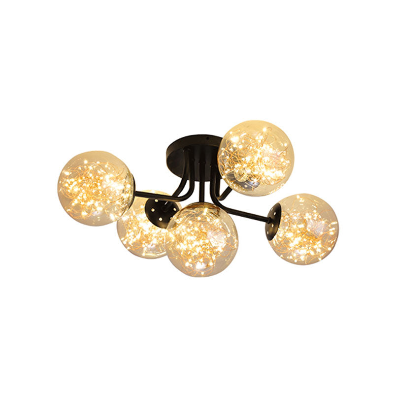 Sputnik Metall Deckenlampe Moderne sternenklinische LED Black Semi Flush mit globalem Glasschatten