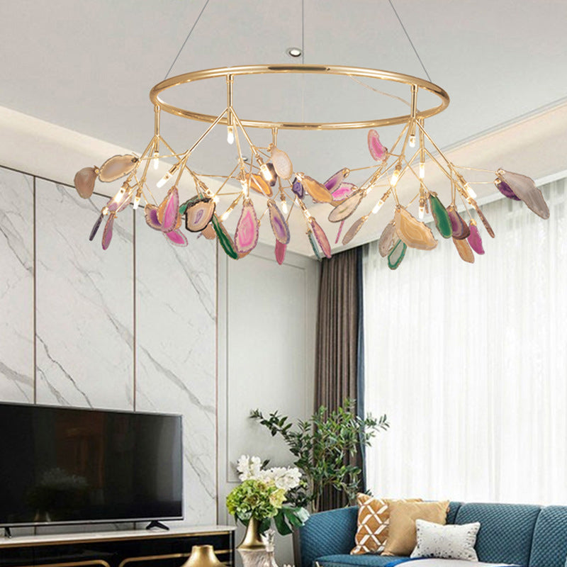 Leaf Agate Pendant Chandelier Modernist LED Gold Hanging Light Fixture for Living Room