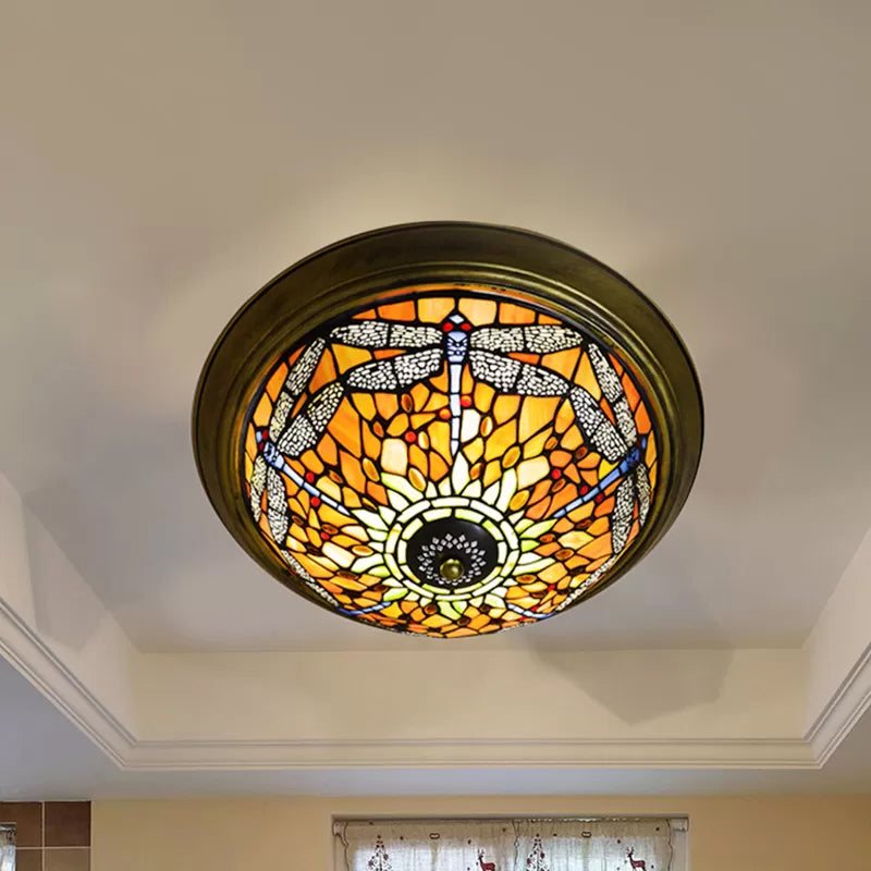 Dragonfly Ceiling Light Fixture 19.5"/15" Width Rustic Loft Stained Glass Indoor Flush Mount Light in Orange