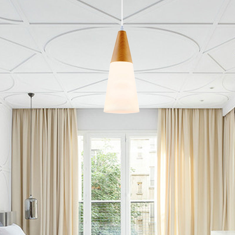 Cone Milk Glass Suspension Pendant Modern 1 Light 5"/7.5"/10.5" Wide Natural Wood Hanging Light Fixture