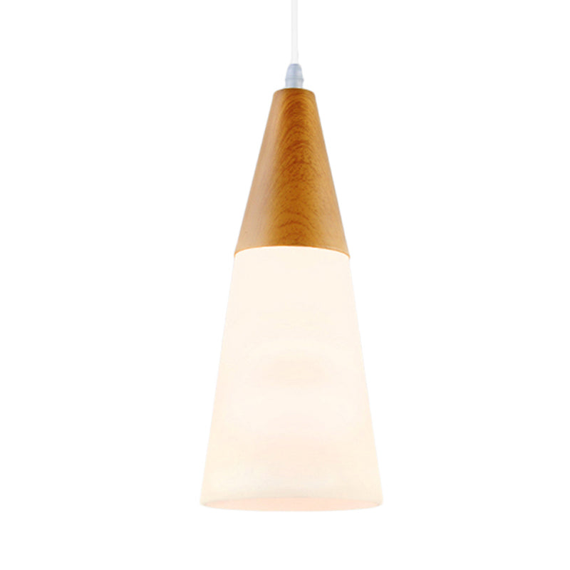 Cone Milk Glass Suspension Pendant Modern 1 Light 5"/7.5"/10.5" Wide Natural Wood Hanging Light Fixture