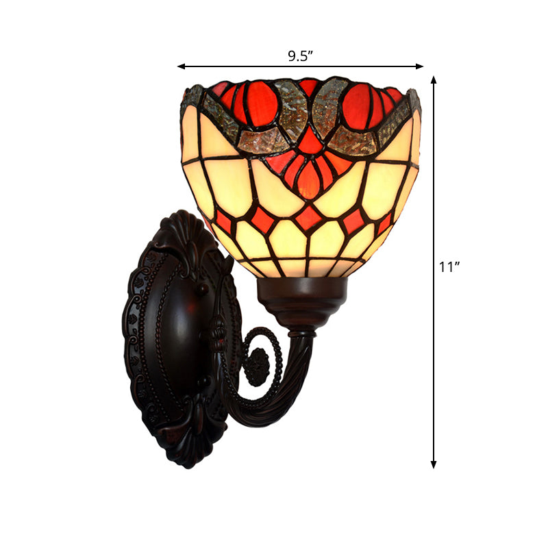 Baroque Grid Bowl Wall Lamp 1 Head Stained Art Glass Wall Light Fixture in Black
