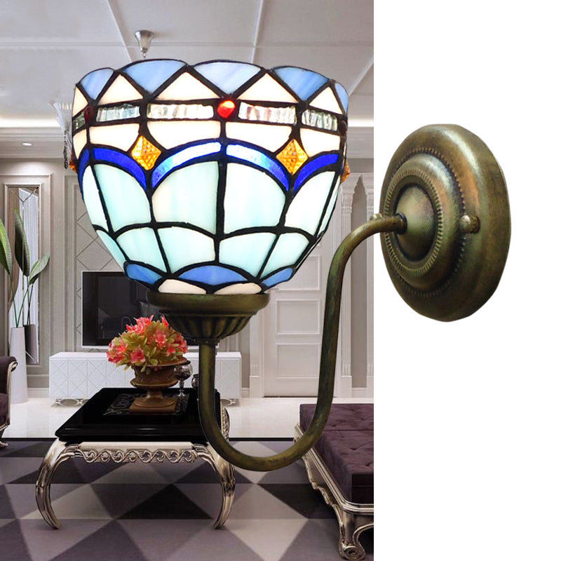 Blue Dome Wall Light Fixture Baroque 1 Head Stained Glass Wall Lighting Ideas with Curved Arm