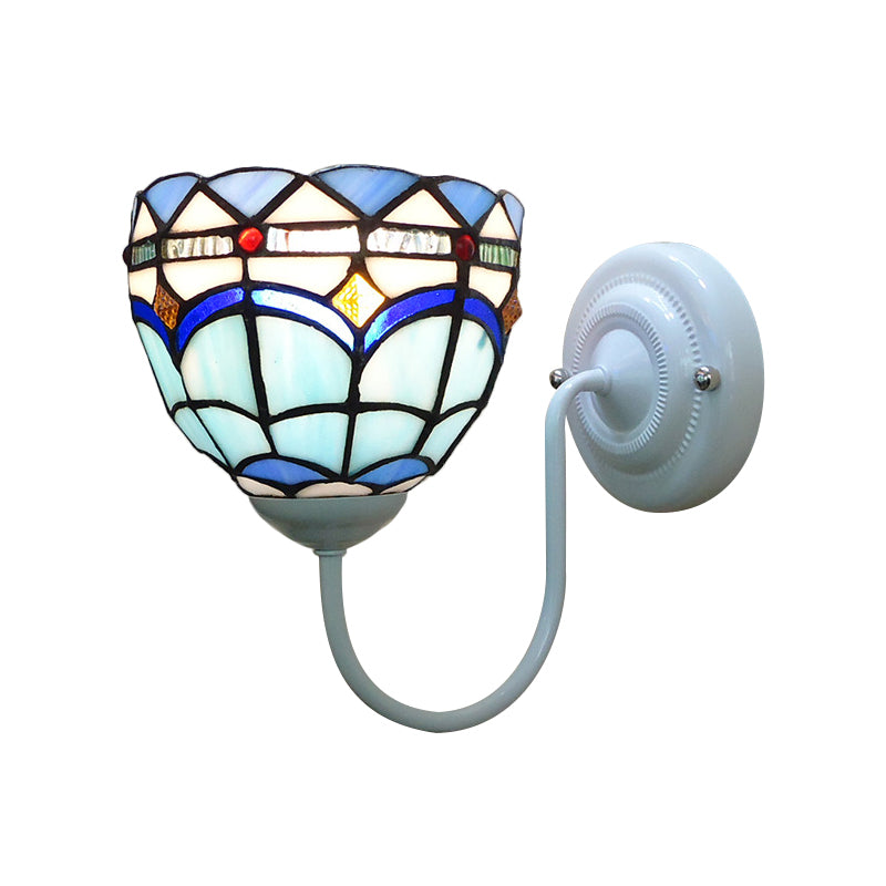 Blue Dome Wall Light Fixture Baroque 1 Head Stained Glass Wall Lighting Ideas with Curved Arm