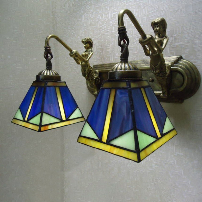 Trapezoid Wall Mount Light Fixture Tiffany Bronze Cut Glass Wall Lighting with Mermaid Arm