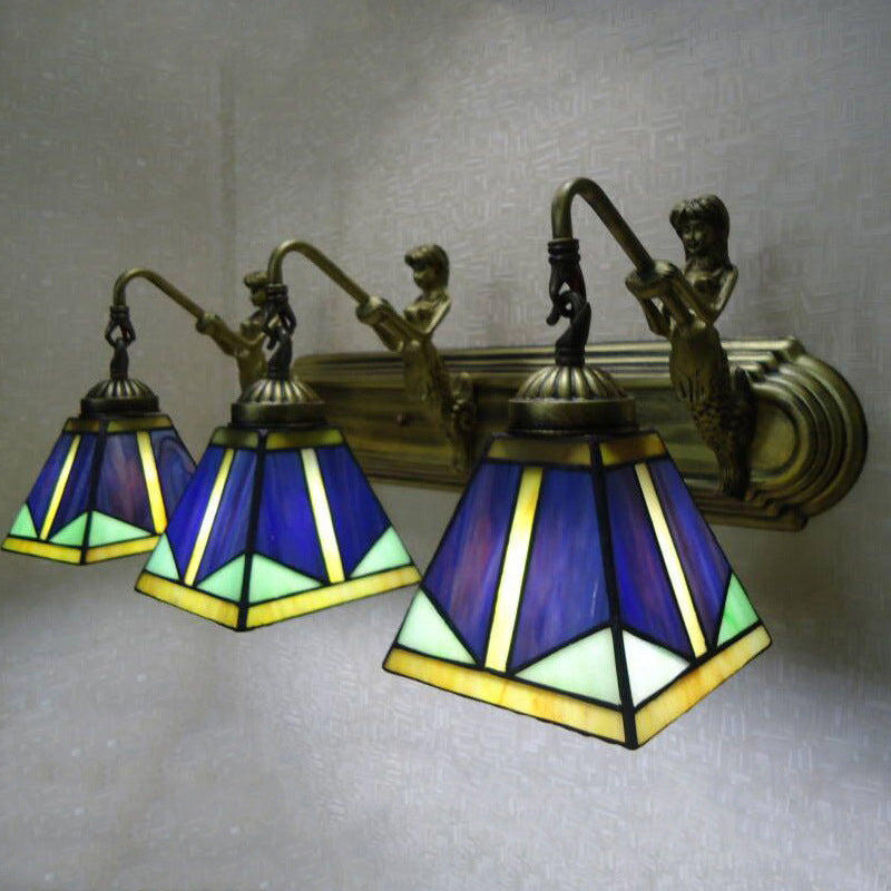 Trapezoid Wall Mount Light Fixture Tiffany Bronze Cut Glass Wall Lighting with Mermaid Arm