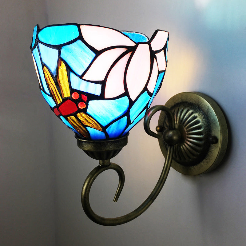 1 Bulb Wall Lamp Sconce Victorian Bowl Stained Glass Dragonfly Patterned Wall Light Fixture in Brass