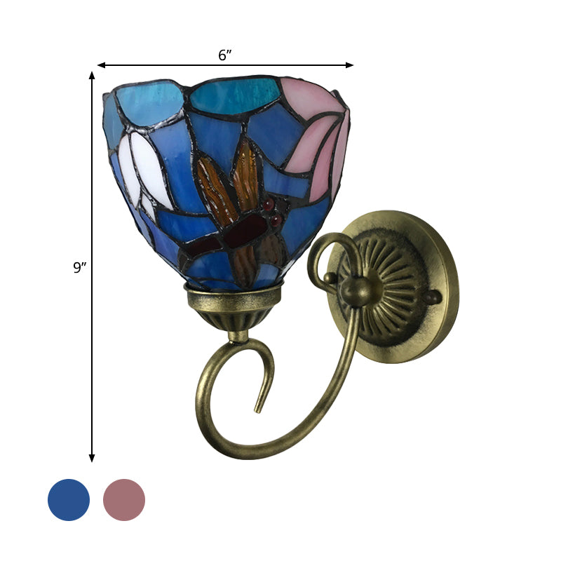 1 Bulb Wall Lamp Sconce Victorian Bowl Stained Glass Dragonfly Patterned Wall Light Fixture in Brass