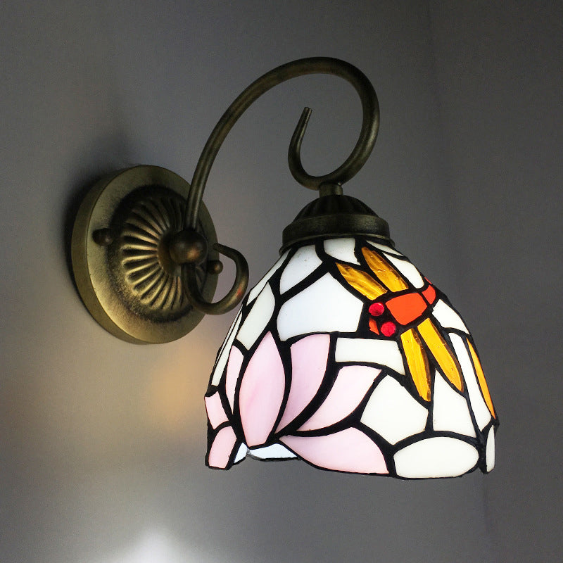 1 Bulb Wall Lamp Sconce Victorian Bowl Stained Glass Dragonfly Patterned Wall Light Fixture in Brass