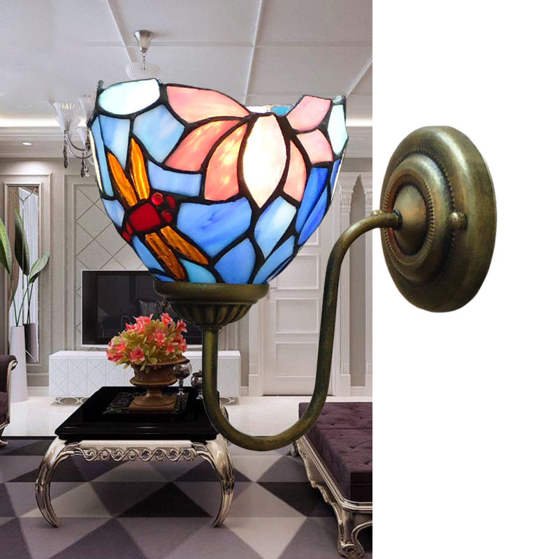 1 Bulb Wall Lamp Sconce Victorian Bowl Stained Glass Dragonfly Patterned Wall Light Fixture in Brass