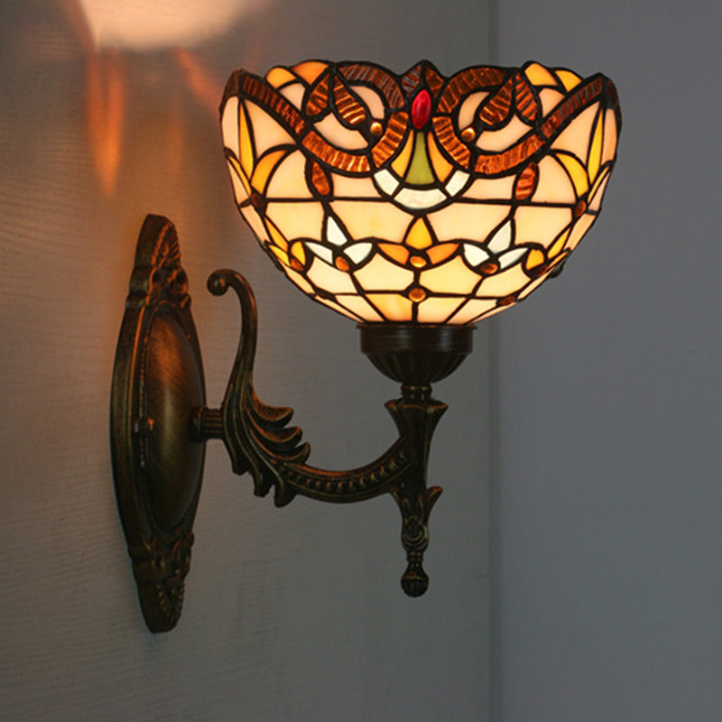 1 Head Corridor Wall Sconce Light Mediterranean Brass Wall Lighting with Geometry Cut Glass Shade
