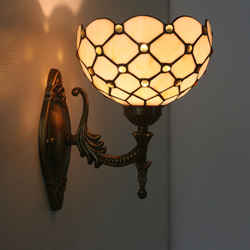 1 Head Corridor Wall Sconce Light Mediterranean Brass Wall Lighting with Geometry Cut Glass Shade
