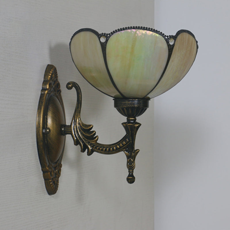 1 Head Corridor Wall Sconce Light Mediterranean Brass Wall Lighting with Geometry Cut Glass Shade