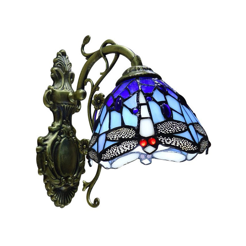 Hand Cut Glass Dragonfly Wall Sconce Tiffany Style 1 Light Wall Mount Light Fixture with Carved Backplate