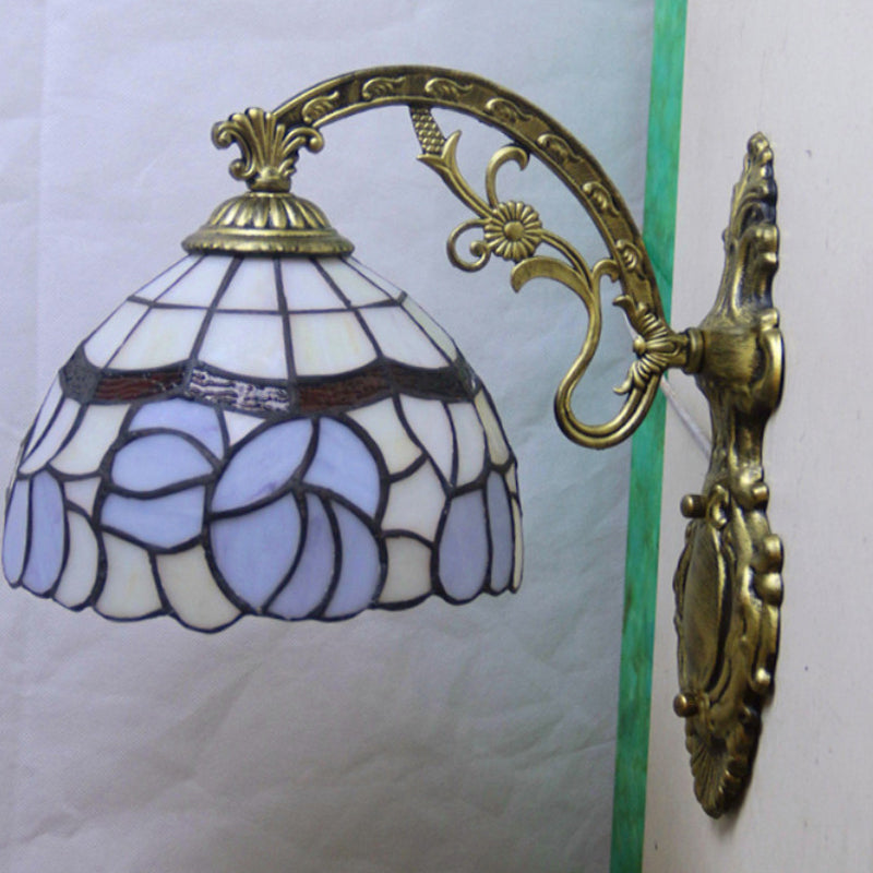 1 Light Bowl Wall Lamp Sconce Tiffany Style Blue Stained Art Glass Wall Lighting with Arched Arm