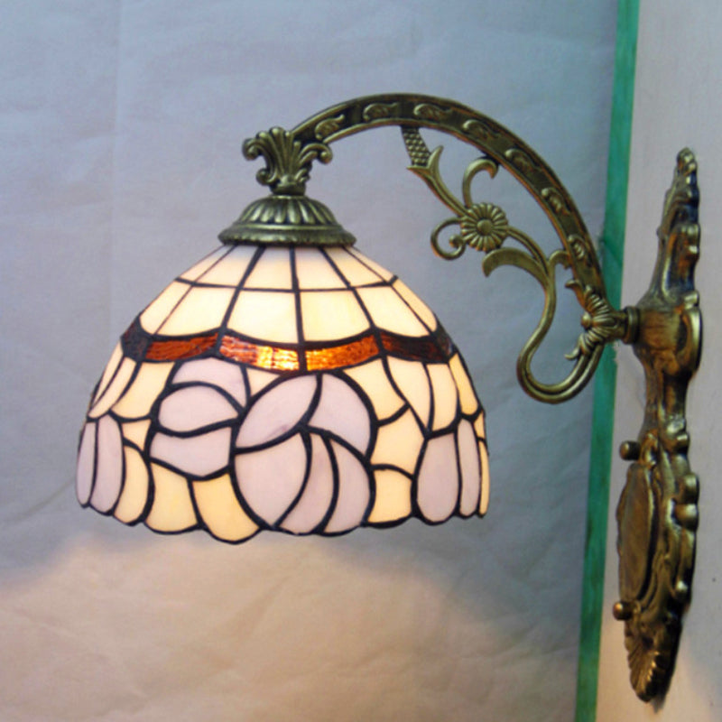 1 Light Bowl Wall Lamp Sconce Tiffany Style Blue Stained Art Glass Wall Lighting with Arched Arm