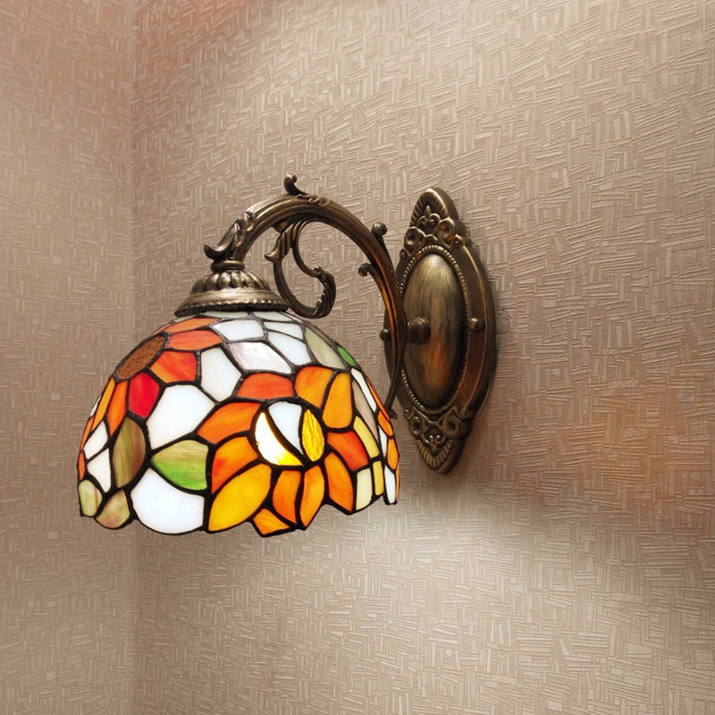 1-Light Sconce Light Fixture Baroque Dome Stained Glass Sunflower Patterned Wall Lighting Ideas in Orange