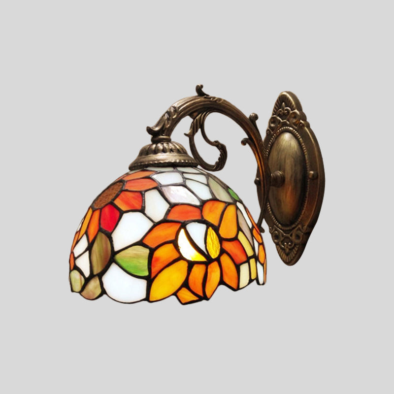 1-Light Sconce Light Fixture Baroque Dome Stained Glass Sunflower Patterned Wall Lighting Ideas in Orange