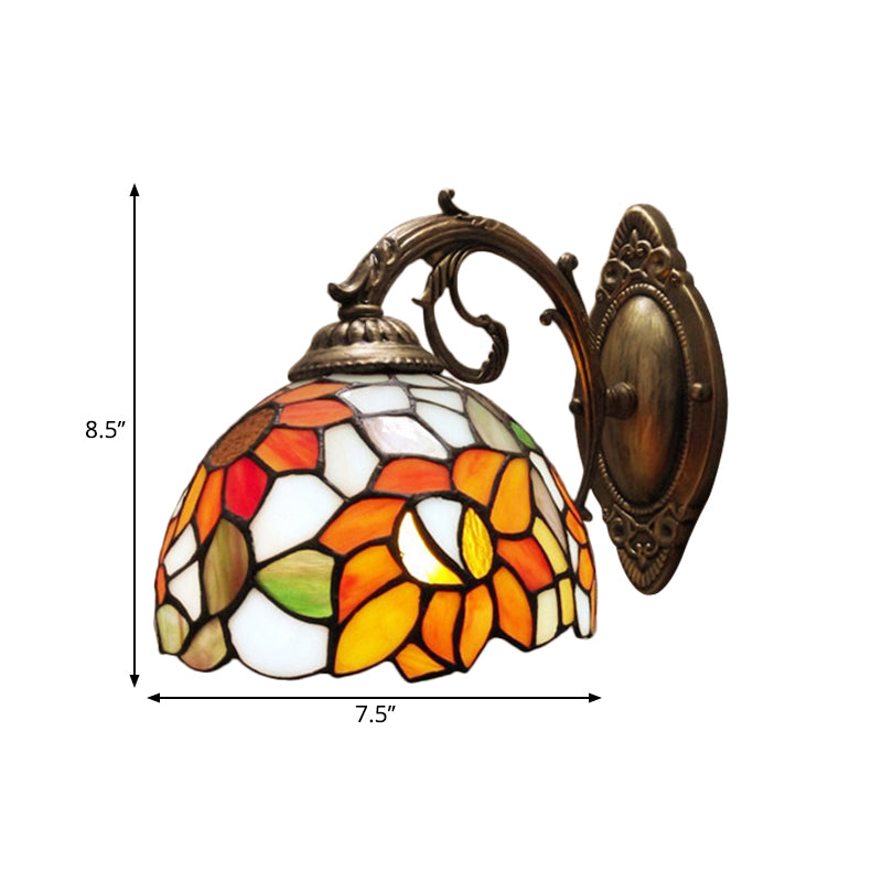 1-Light Sconce Light Fixture Baroque Dome Stained Glass Sunflower Patterned Wall Lighting Ideas in Orange