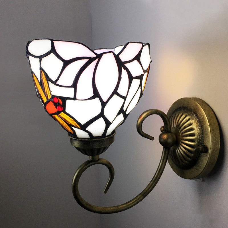 Metal Brass Wall Sconce Swirled Arm 1-Light Tiffany Wall Hanging Light with Geometry Cut Glass Shade