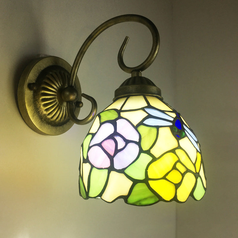 Metal Brass Wall Sconce Swirled Arm 1-Light Tiffany Wall Hanging Light with Geometry Cut Glass Shade