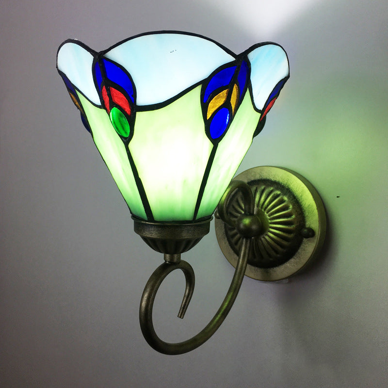 Metal Brass Wall Sconce Swirled Arm 1-Light Tiffany Wall Hanging Light with Geometry Cut Glass Shade