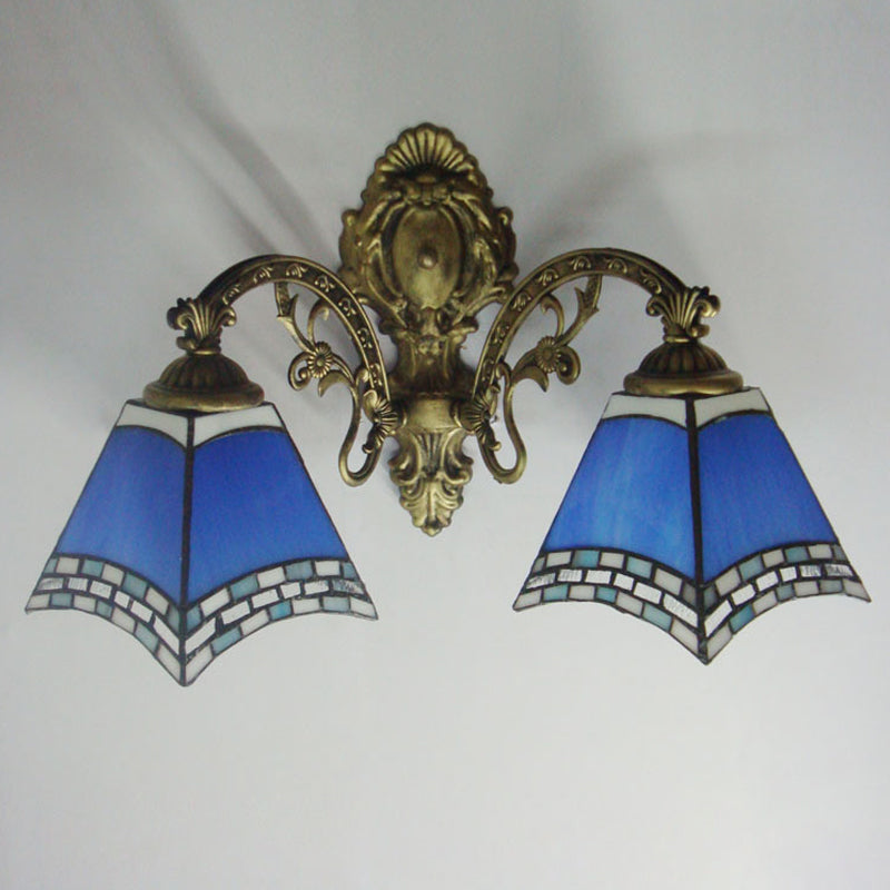 Blue Cut Glass Pyramid Wall Light Mediterranean Brass Wall Mounted Lamp with Curved Arm