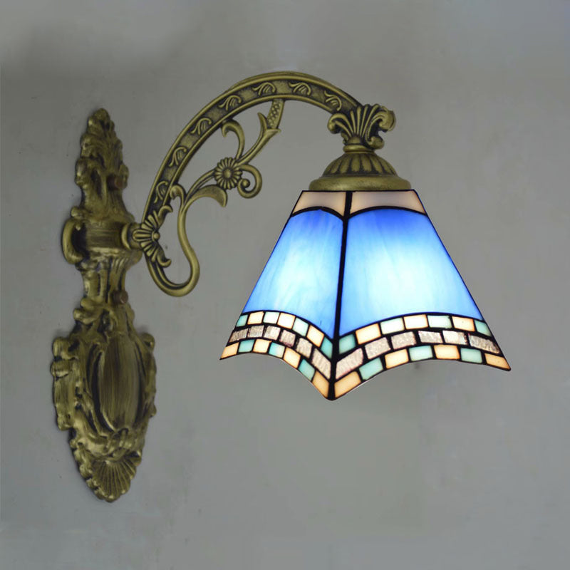 Blue Cut Glass Pyramid Wall Light Mediterranean Brass Wall Mounted Lamp with Curved Arm