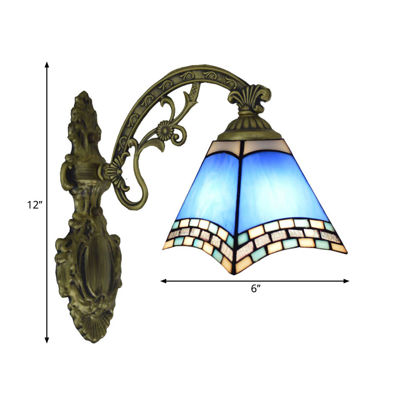 Blue Cut Glass Pyramid Wall Light Mediterranean Brass Wall Mounted Lamp with Curved Arm