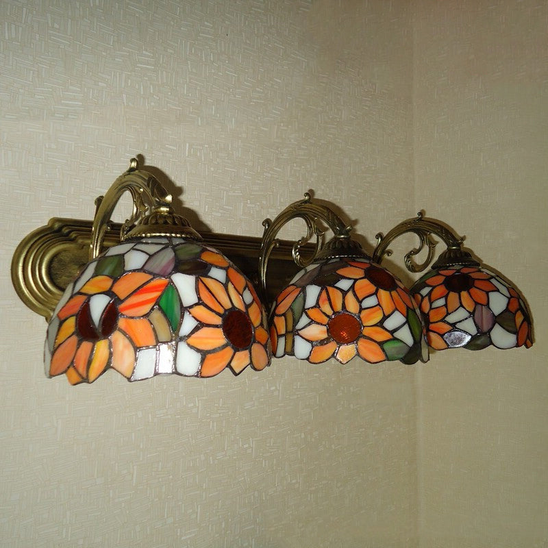 3-Light Bowl Sconce Light Victorian Yellow Hand Cut Glass Wall Lighting Fixture with Sunflower Pattern