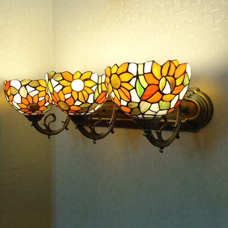 3-Light Bowl Sconce Light Victorian Yellow Hand Cut Glass Wall Lighting Fixture with Sunflower Pattern