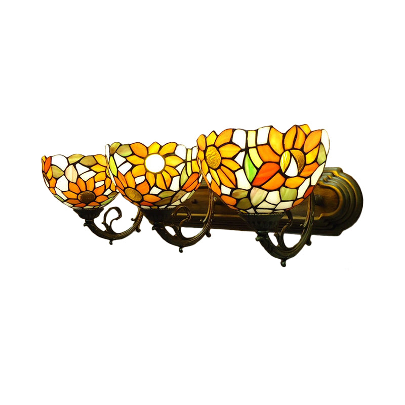 3-Light Bowl Sconce Light Victorian Yellow Hand Cut Glass Wall Lighting Fixture with Sunflower Pattern